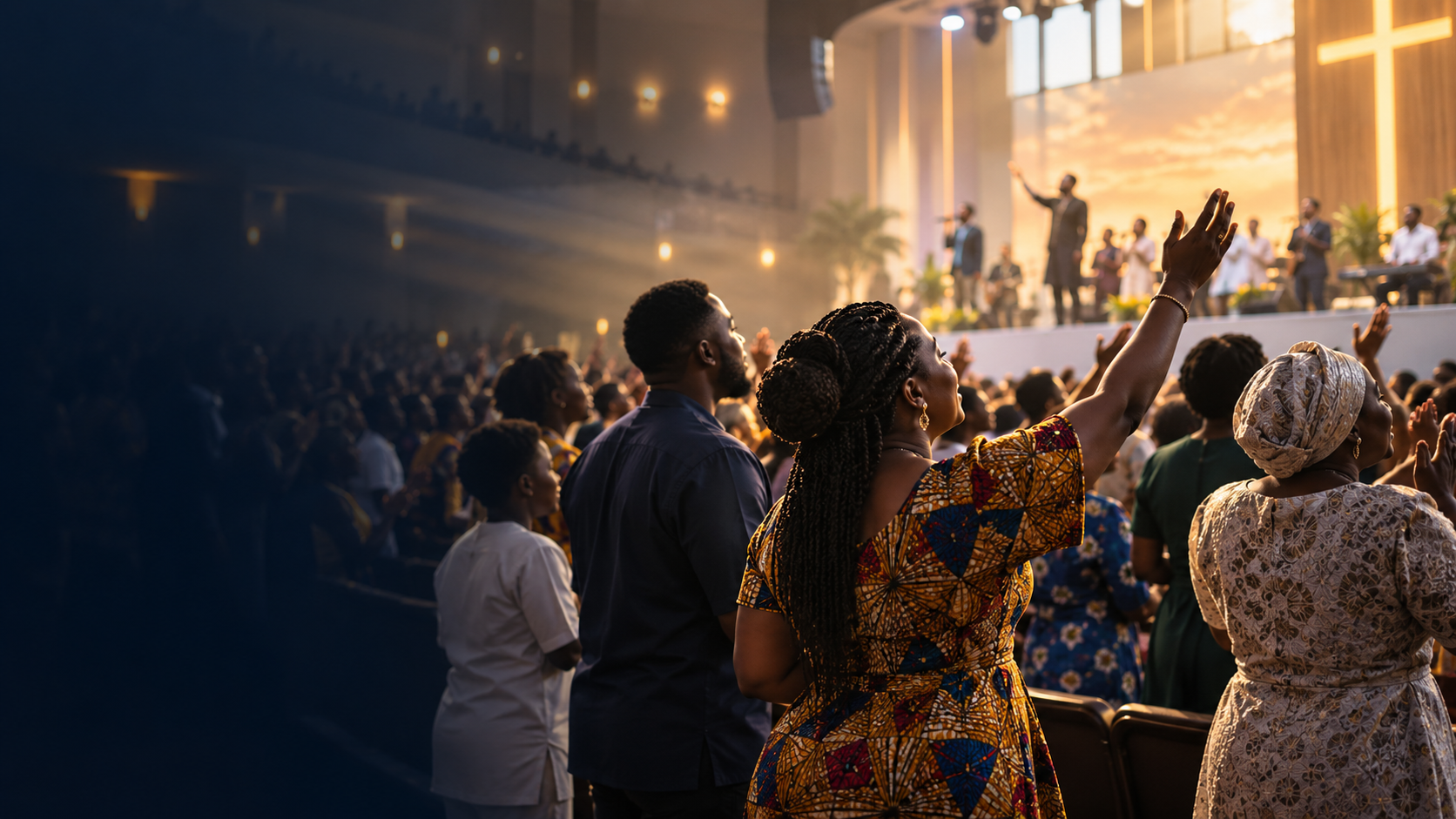 A joyful congregation worshipping together in a bright church auditorium